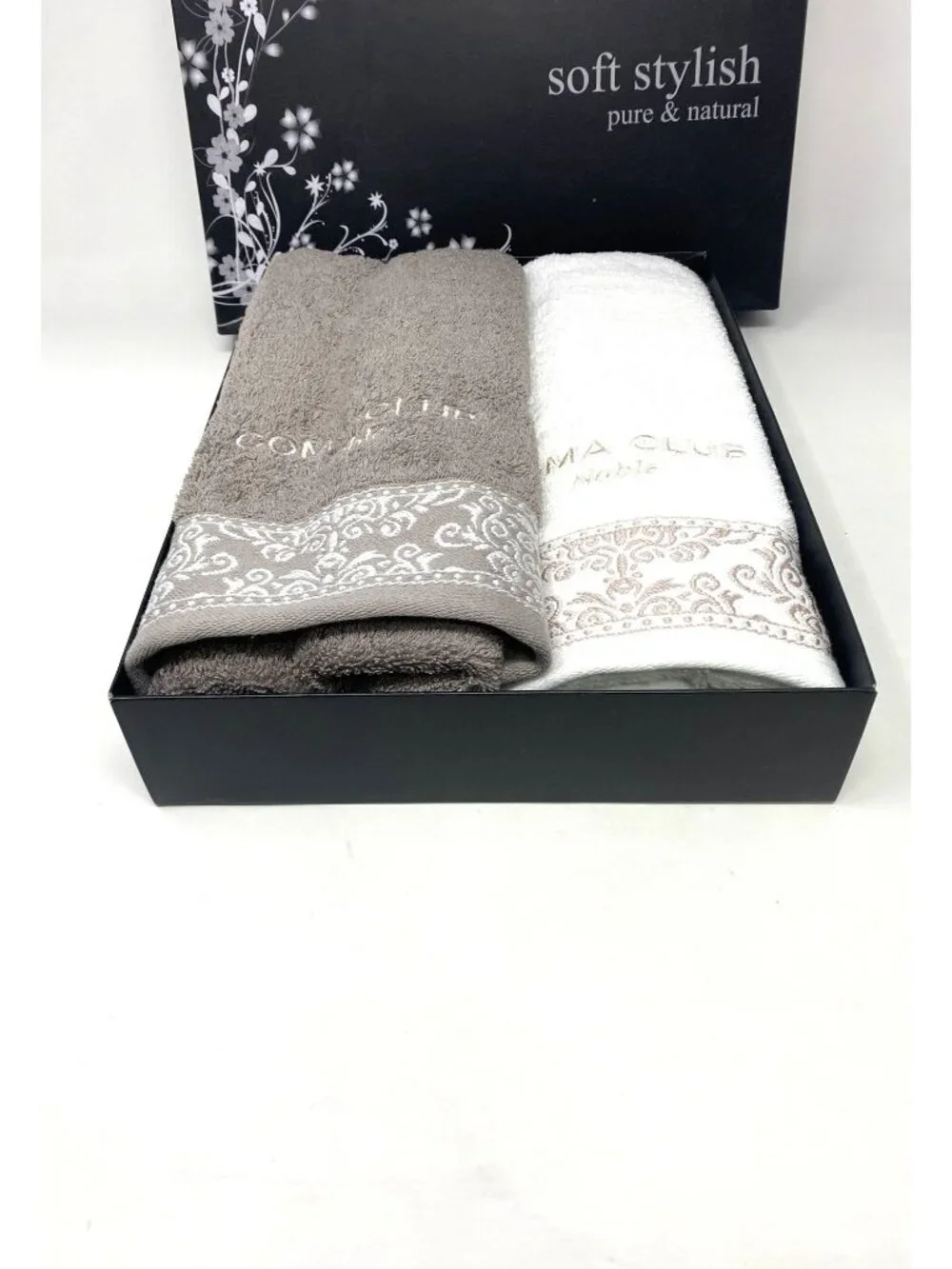 Korean Coma Club Decorative 2 Hand Towels White Grey Embroidered